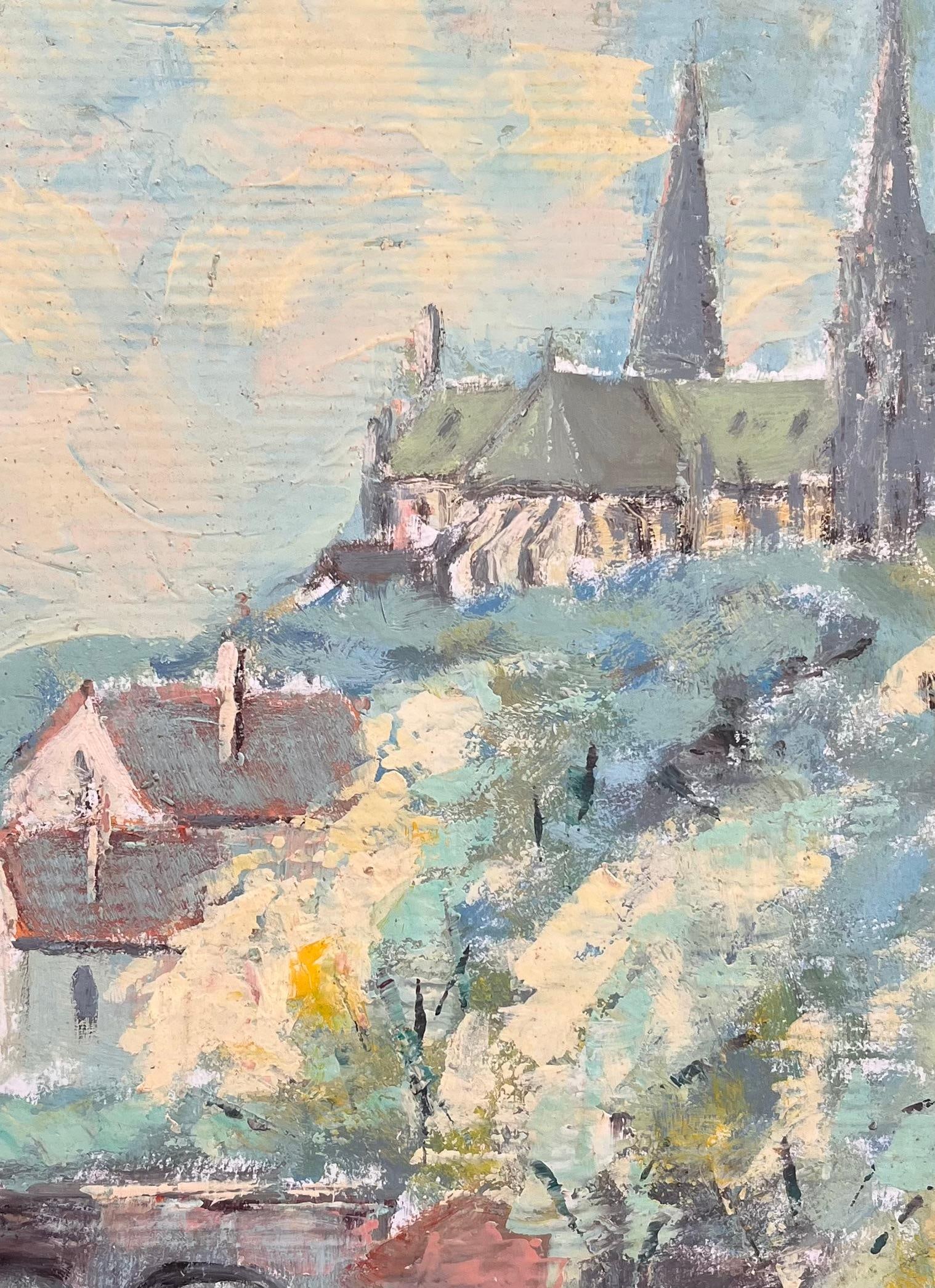 Fanch Lel; Impressionist View of Hilltop Cathedral and Bridge and Riverside Village - 10