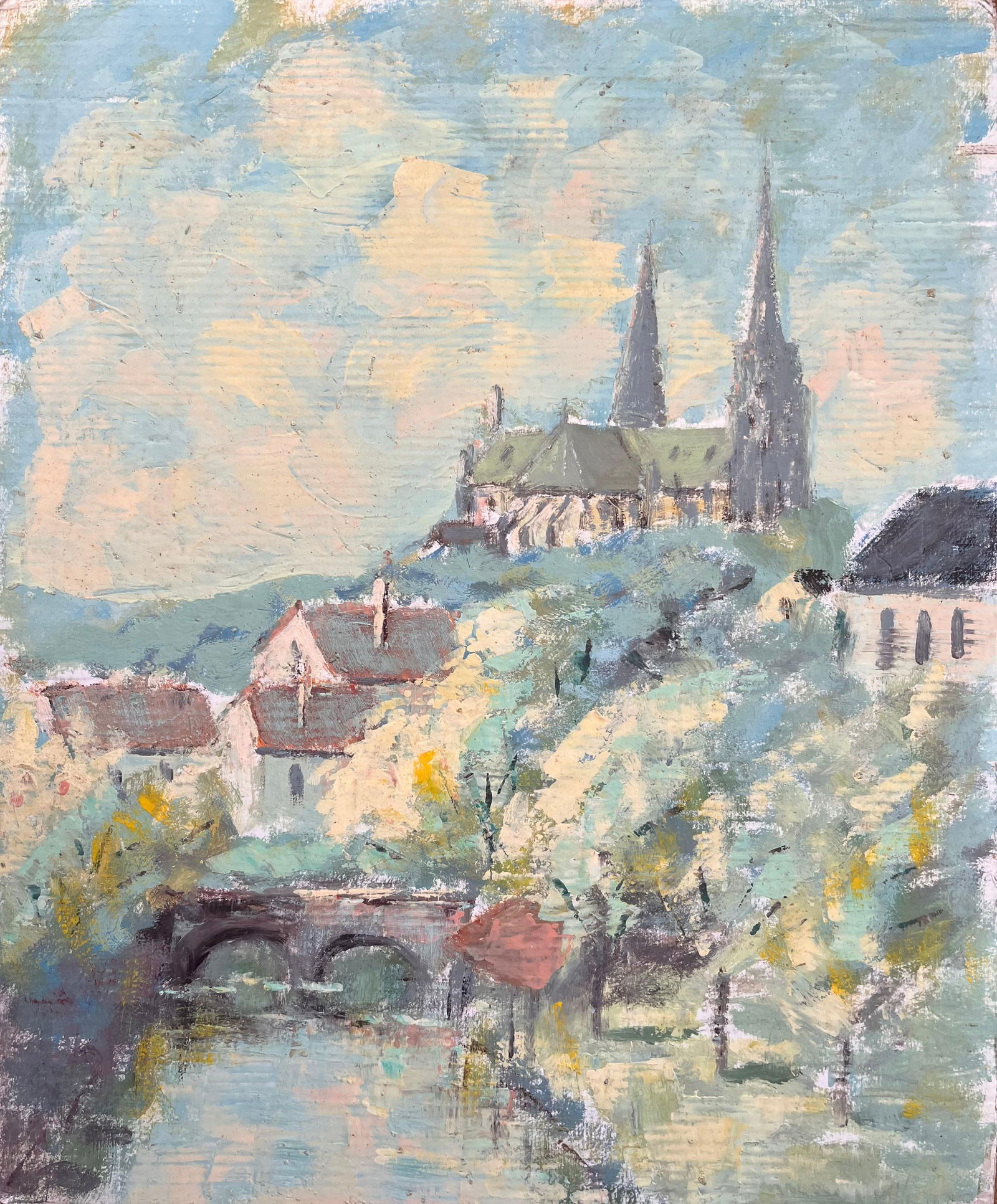 Fanch Lel; Impressionist View of Hilltop Cathedral and Bridge and Riverside Village (1 of 14)