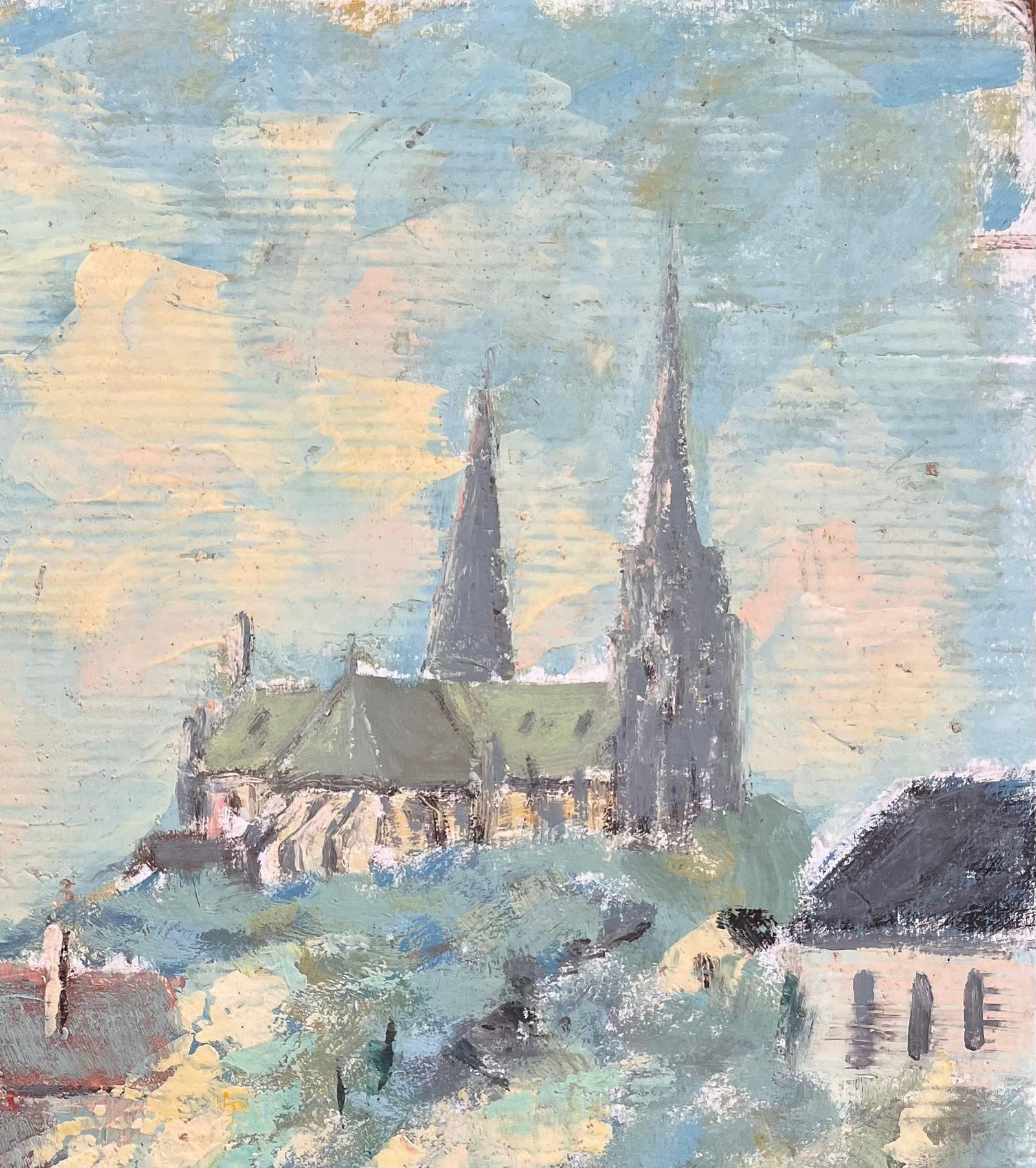 Fanch Lel; Impressionist View of Hilltop Cathedral and Bridge and Riverside Village - 14