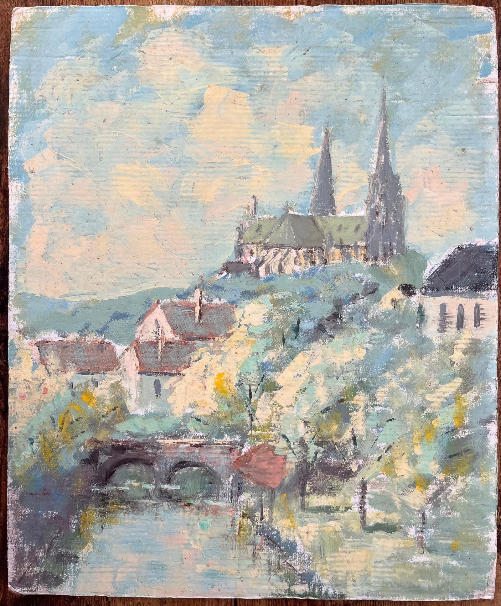 Fanch Lel; Impressionist View of Hilltop Cathedral and Bridge and Riverside Village - 5