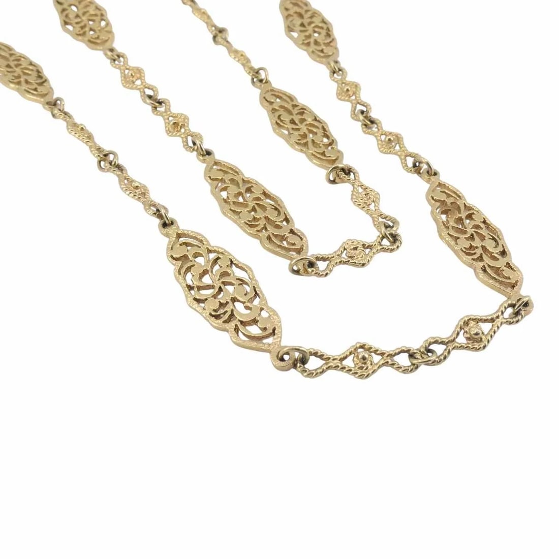 Vintage 14K Gold Openwork Filigree Marquise Long Chain Necklace - 10