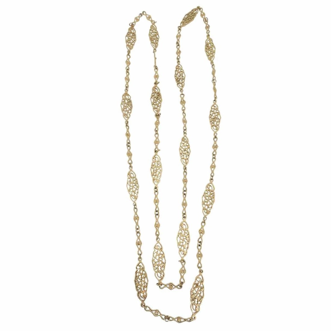 Vintage 14K Gold Openwork Filigree Marquise Long Chain Necklace - 11