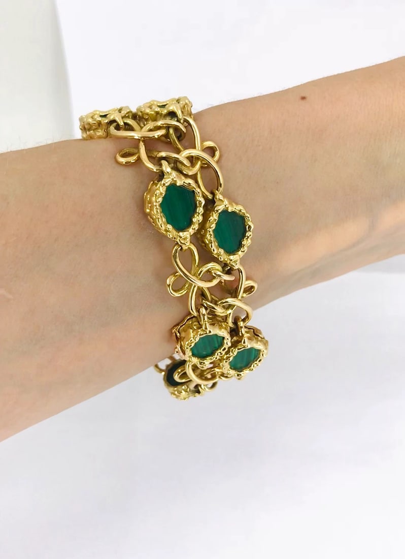 Vintage Malachite Bracelet French Marks 18k Gold - 2