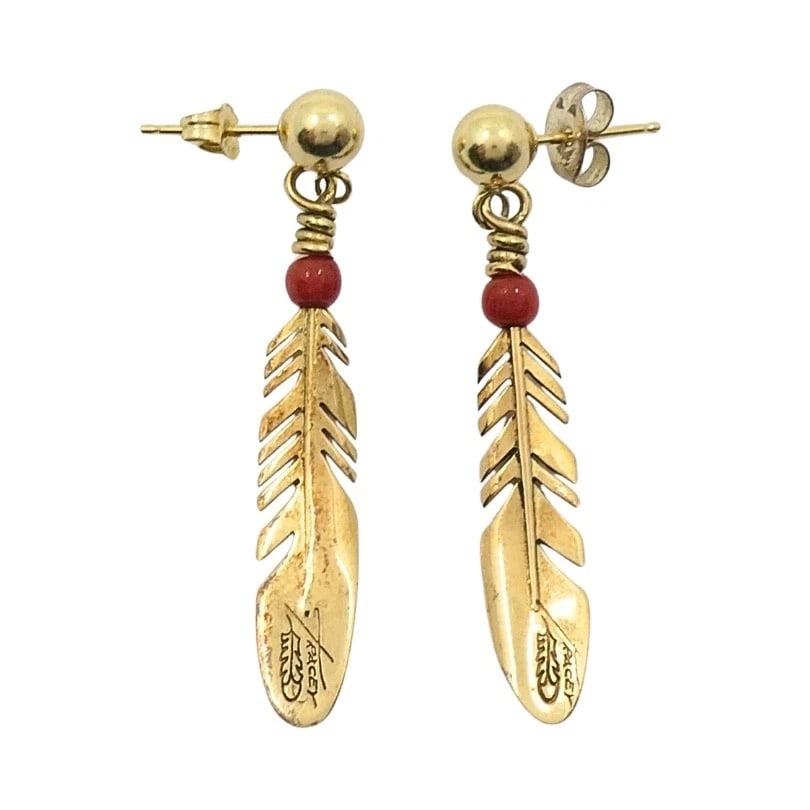 Ray Tracey 14k Gold Navajo Feather Drop Earrings Coral Beads - 10