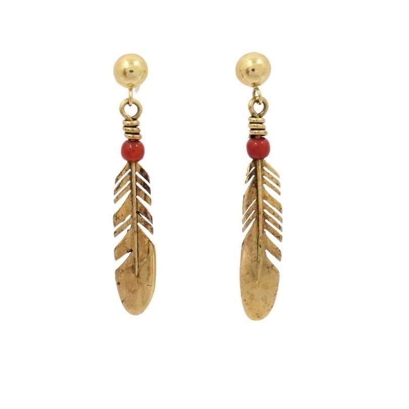Ray Tracey 14k Gold Navajo Feather Drop Earrings Coral Beads (1 of 11)