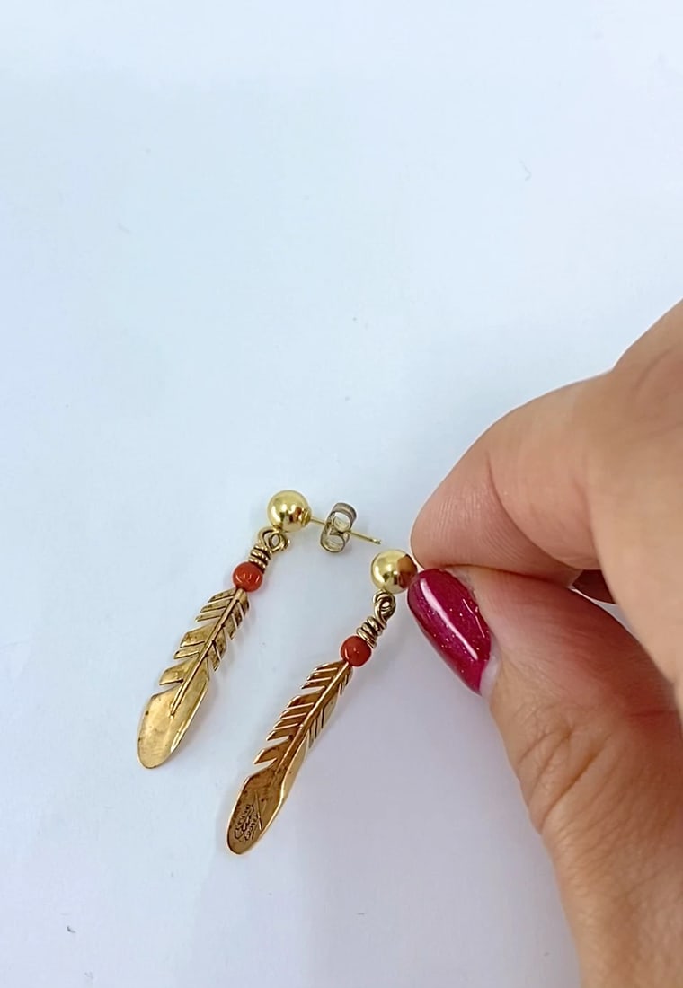 Ray Tracey 14k Gold Navajo Feather Drop Earrings Coral Beads - 2