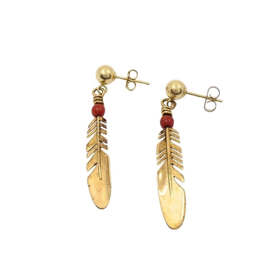 Ray Tracey 14k Gold Navajo Feather Drop Earrings Coral Beads - 4