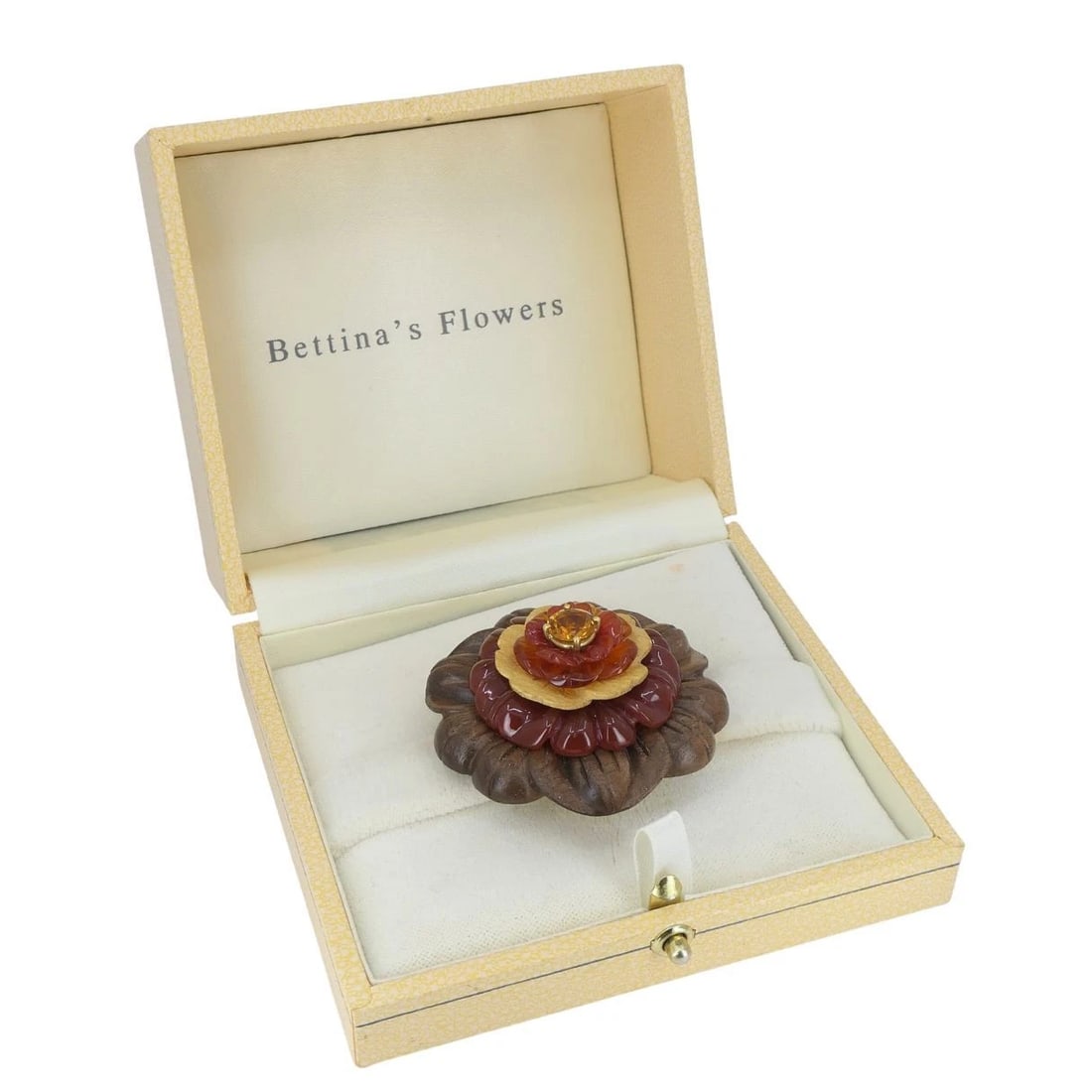 Bettina Gabetti for Trianon Flower Brooch 18k Gold Carved Wood Carnelian Citrine - 3