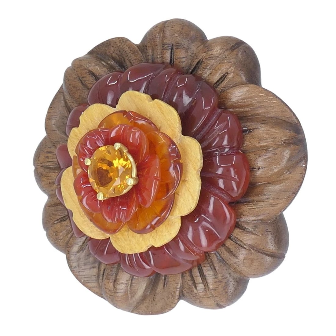 Bettina Gabetti for Trianon Flower Brooch 18k Gold Carved Wood Carnelian Citrine - 7