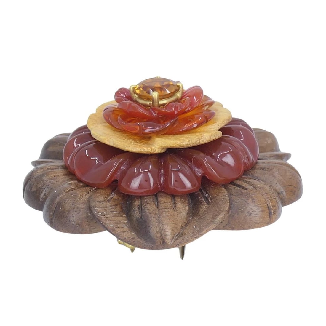 Bettina Gabetti for Trianon Flower Brooch 18k Gold Carved Wood Carnelian Citrine - 9