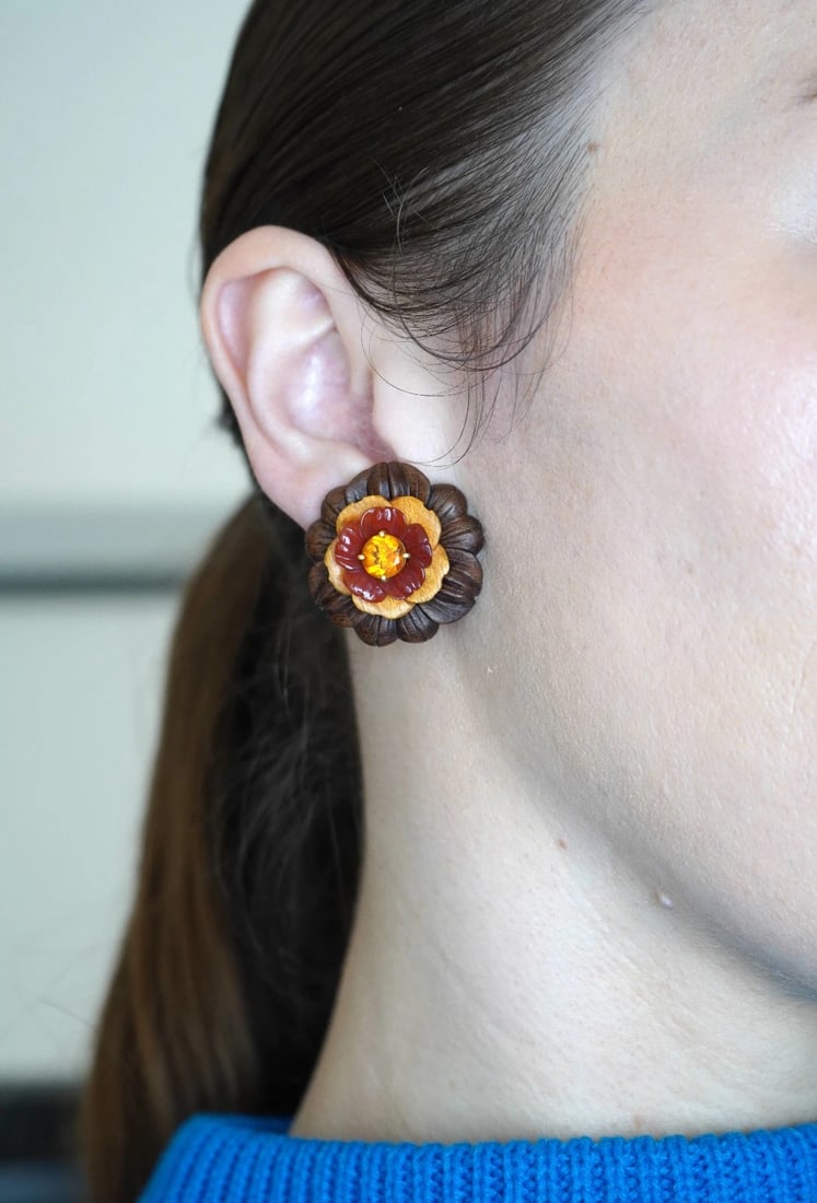 Bettina Gabetti for Trianon Flower Earrings 18k Gold Wood Carnelian Citrine - 4