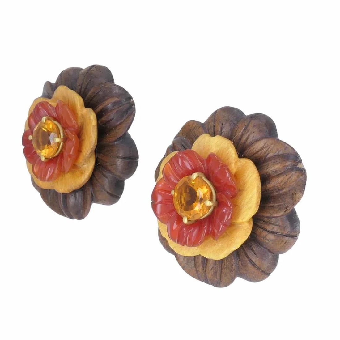 Bettina Gabetti for Trianon Flower Earrings 18k Gold Wood Carnelian Citrine - 6