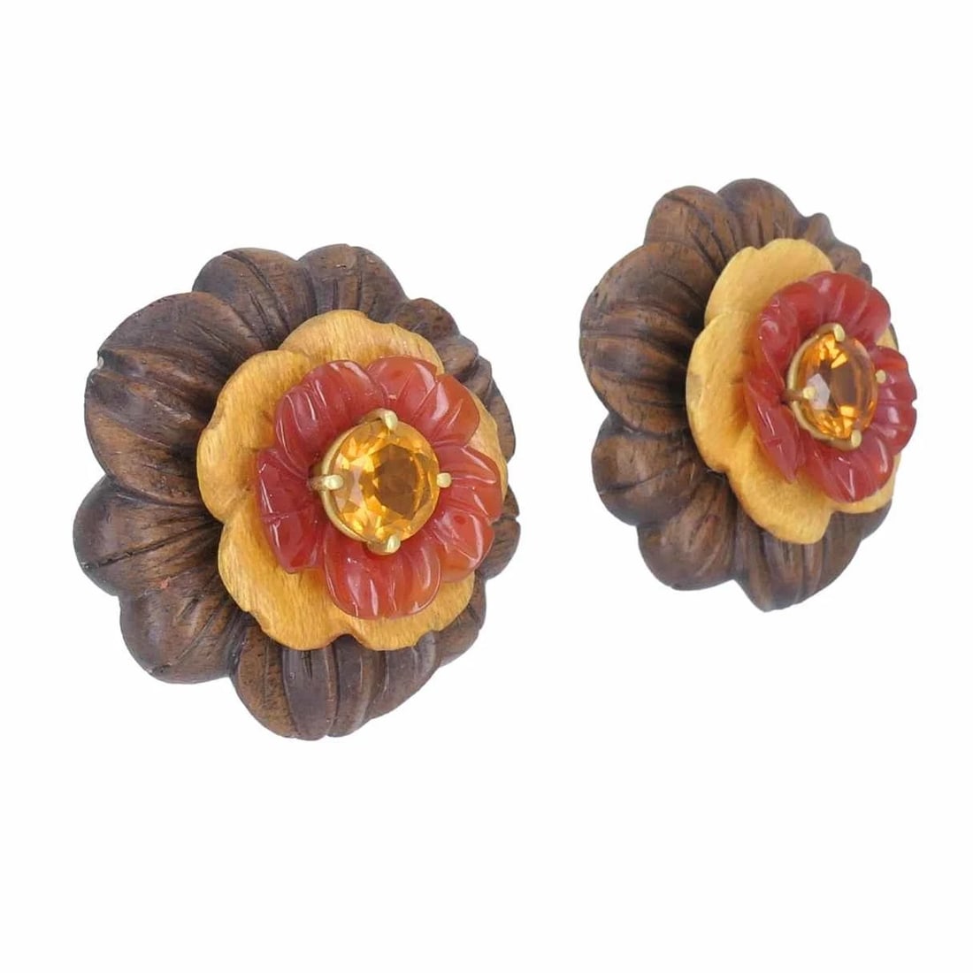 Bettina Gabetti for Trianon Flower Earrings 18k Gold Wood Carnelian Citrine - 7