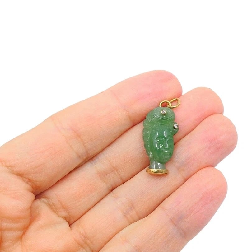 Vintage 14k Gold Carved Jade Lady’s Head Charm Pendant Diamond Accents - 3