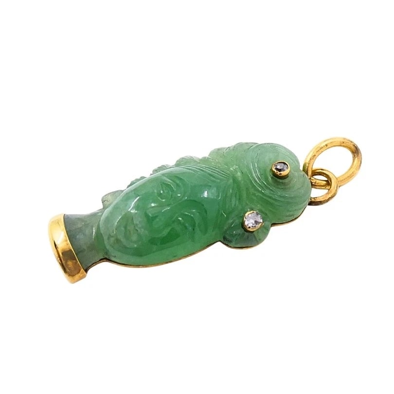 Vintage 14k Gold Carved Jade Lady’s Head Charm Pendant Diamond Accents - 4