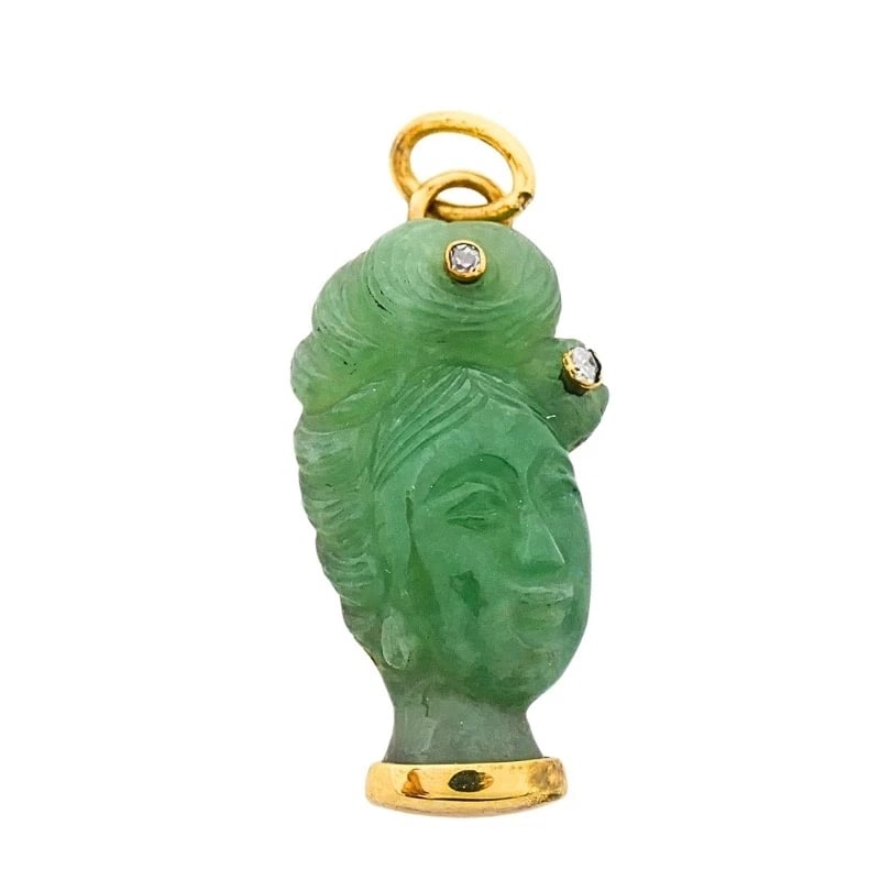 Vintage 14k Gold Carved Jade Lady’s Head Charm Pendant Diamond Accents - 7