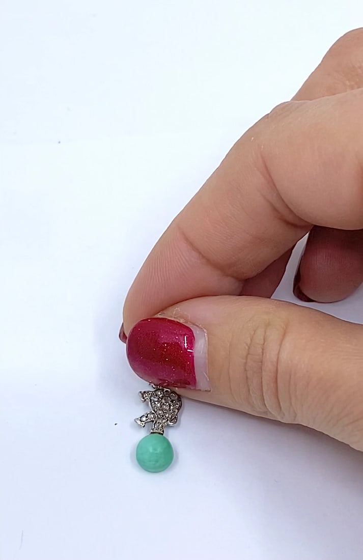 Antique Platinum‑Topped 14k Gold Diamond Elephant Charm Green Bead Accent - 2