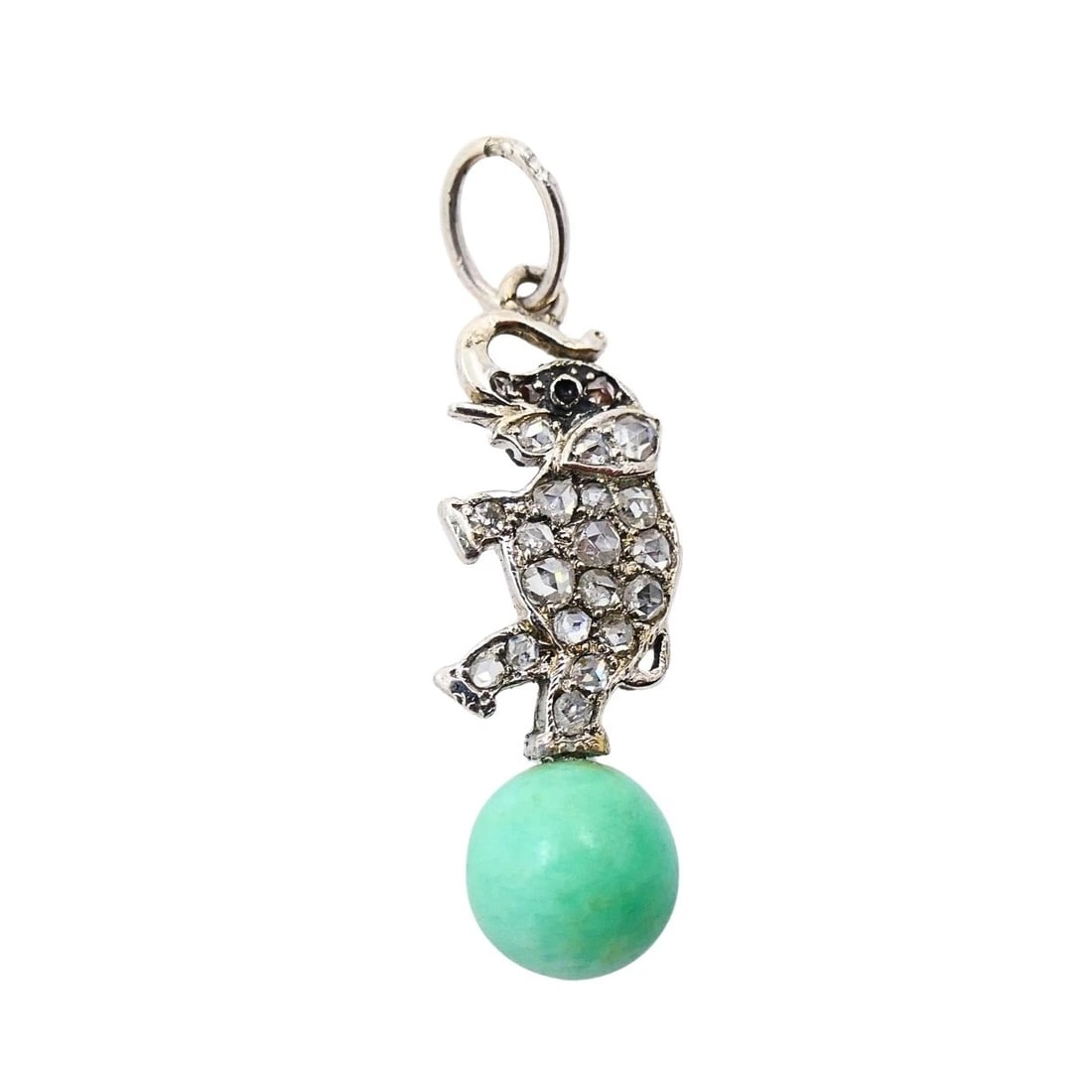 Antique Platinum‑Topped 14k Gold Diamond Elephant Charm Green Bead Accent - 9
