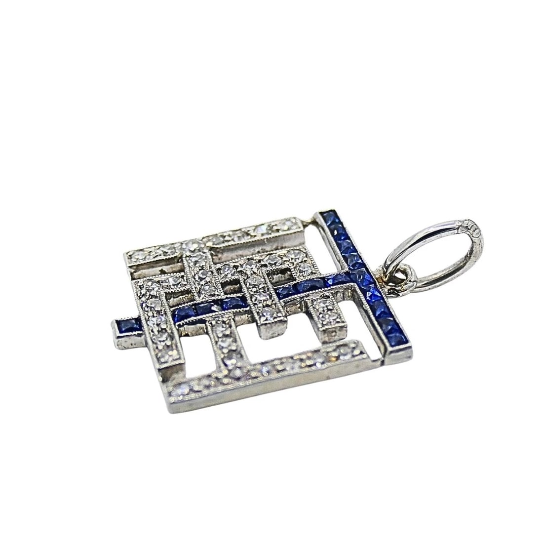 Antique Platinum Diamond Sapphire Geometric Pendant Charm - 4