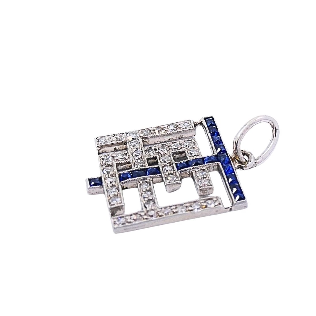 Antique Platinum Diamond Sapphire Geometric Pendant Charm - 7