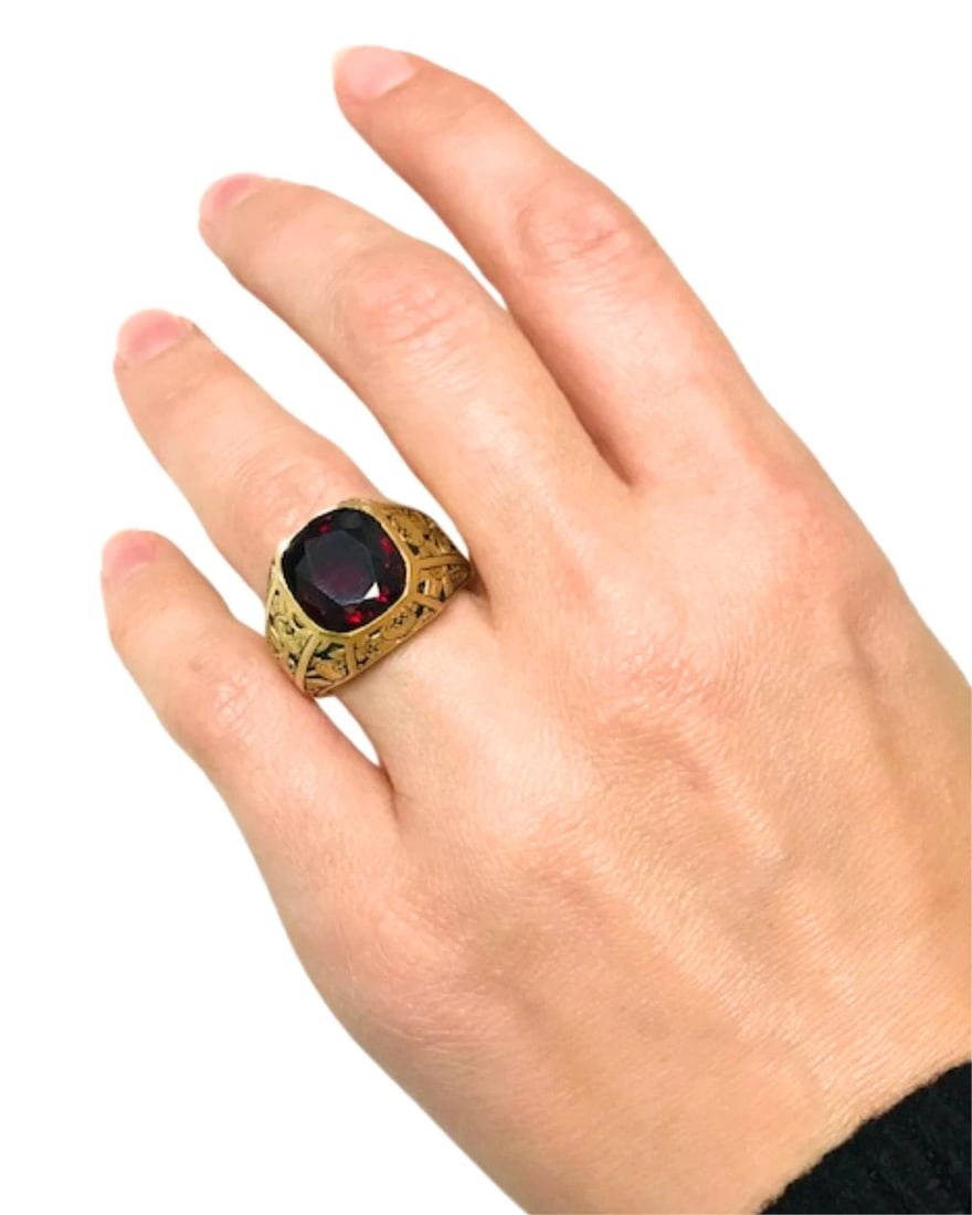 Garnet Ring Engraved 18k Gold Men Ring - 2