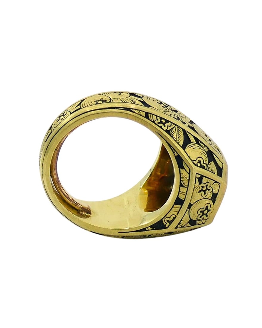 Garnet Ring Engraved 18k Gold Men Ring - 3