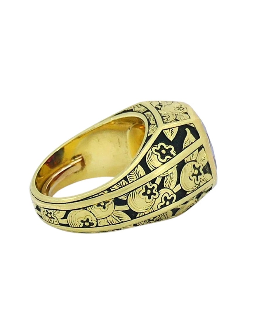 Garnet Ring Engraved 18k Gold Men Ring - 8