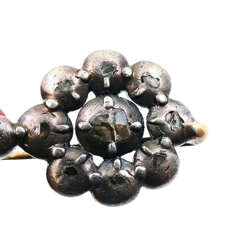 Georgian Silver Floral Diamond Cluster Earrings 14k Gold Ear Wires, 1830s - 11