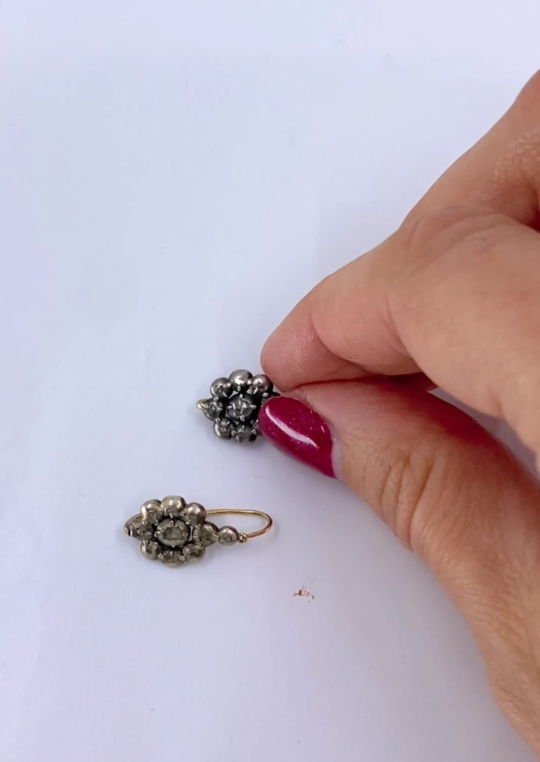 Georgian Silver Floral Diamond Cluster Earrings 14k Gold Ear Wires, 1830s - 2