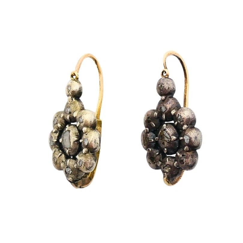 Georgian Silver Floral Diamond Cluster Earrings 14k Gold Ear Wires, 1830s - 6