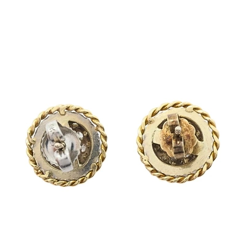 Vintage 14k Diamond Pavé Dome Stud Earrings Rope Edge - 10