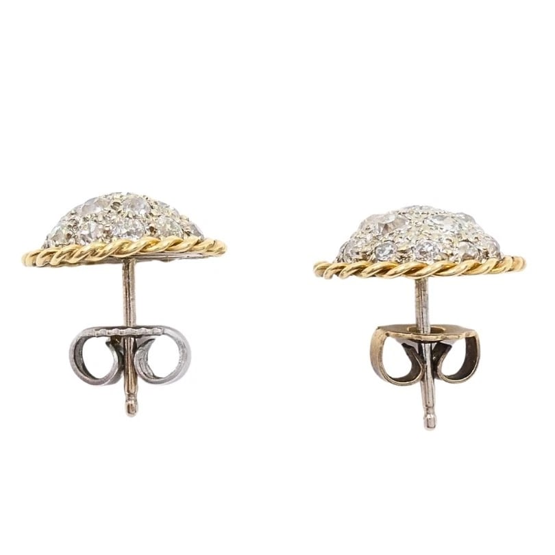Vintage 14k Diamond Pavé Dome Stud Earrings Rope Edge - 11