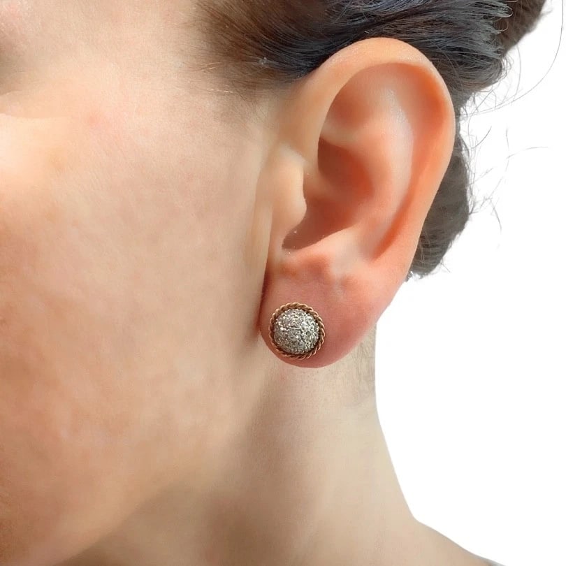 Vintage 14k Diamond Pavé Dome Stud Earrings Rope Edge - 3