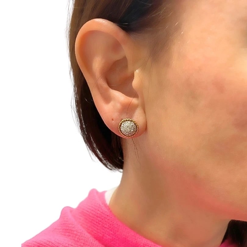 Vintage 14k Diamond Pavé Dome Stud Earrings Rope Edge - 4