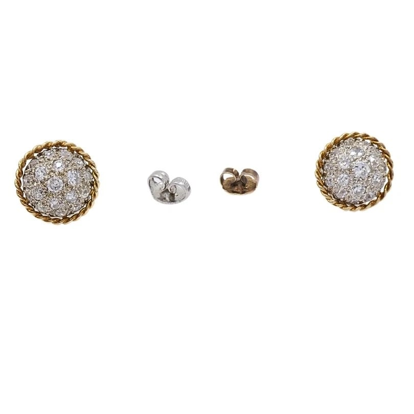 Vintage 14k Diamond Pavé Dome Stud Earrings Rope Edge - 9