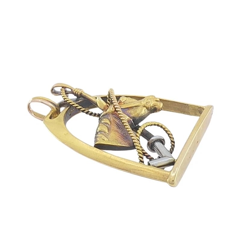 Vintage 14k Gold Equestrian Stirrup Horse Head Pendant - 4