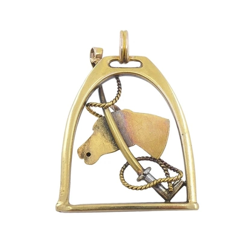 Vintage 14k Gold Equestrian Stirrup Horse Head Pendant - 7