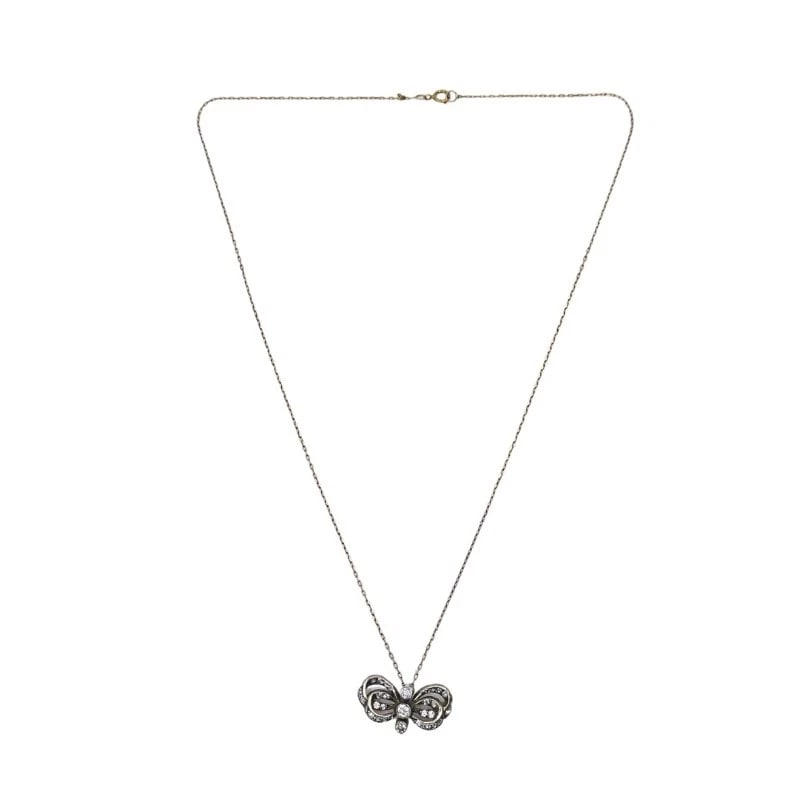 Edwardian Style 10k Gold Diamond Bow Pendant Necklace - 10