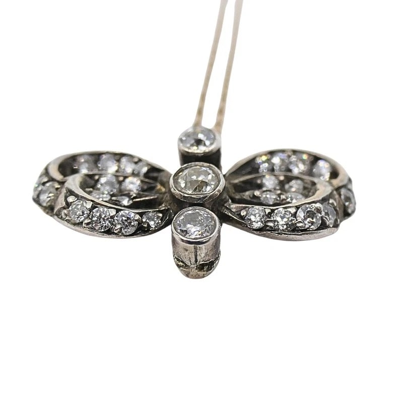 Edwardian Style 10k Gold Diamond Bow Pendant Necklace - 6