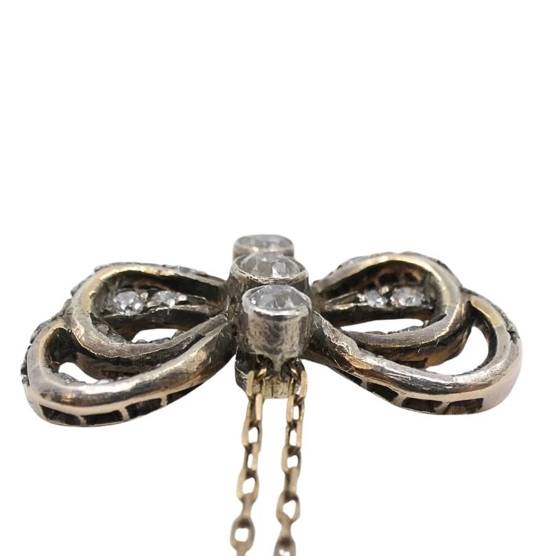 Edwardian Style 10k Gold Diamond Bow Pendant Necklace - 7