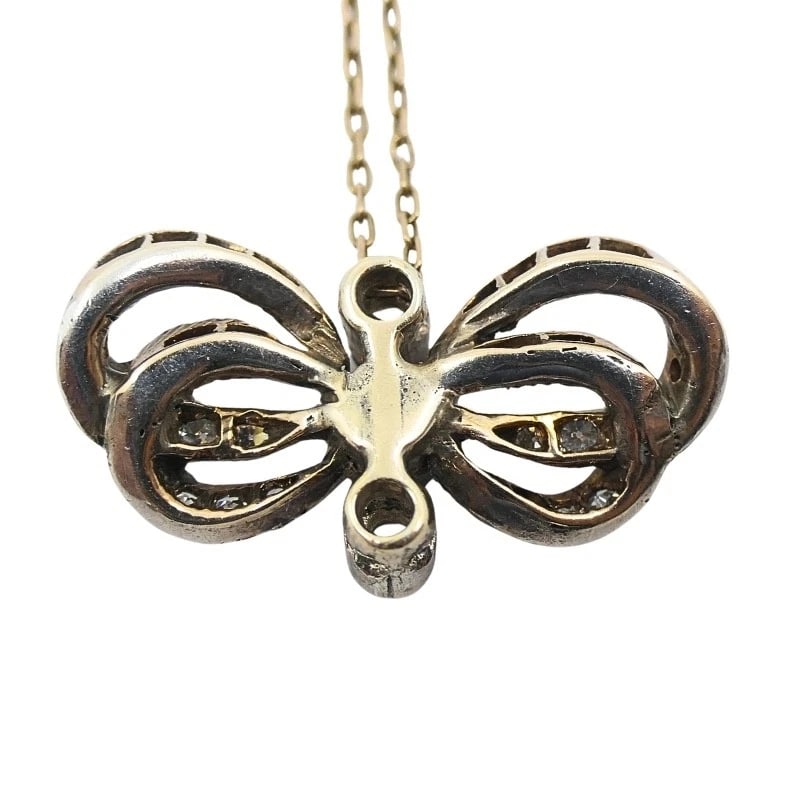 Edwardian Style 10k Gold Diamond Bow Pendant Necklace - 8