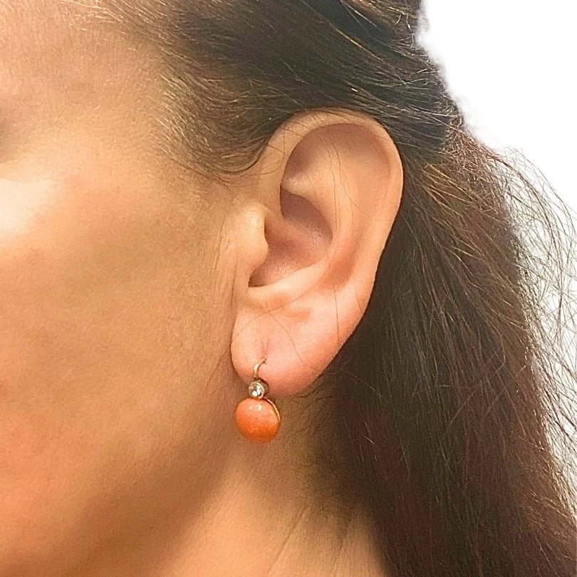 Antique 14k Gold Coral Diamond Accent Drop Earrings - 3