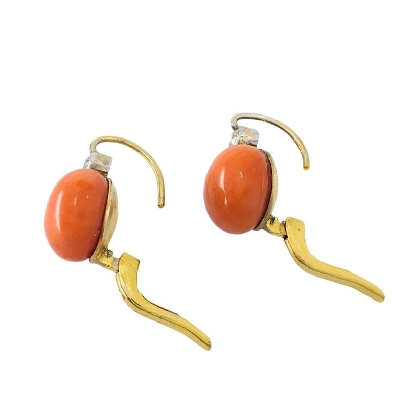 Antique 14k Gold Coral Diamond Accent Drop Earrings - 6