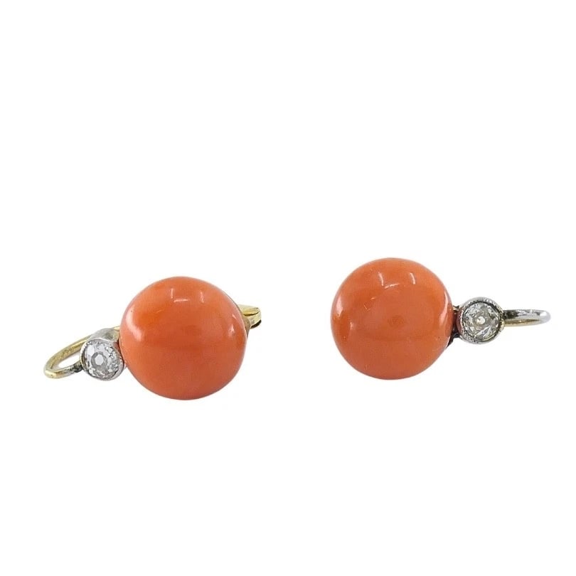 Antique 14k Gold Coral Diamond Accent Drop Earrings - 9