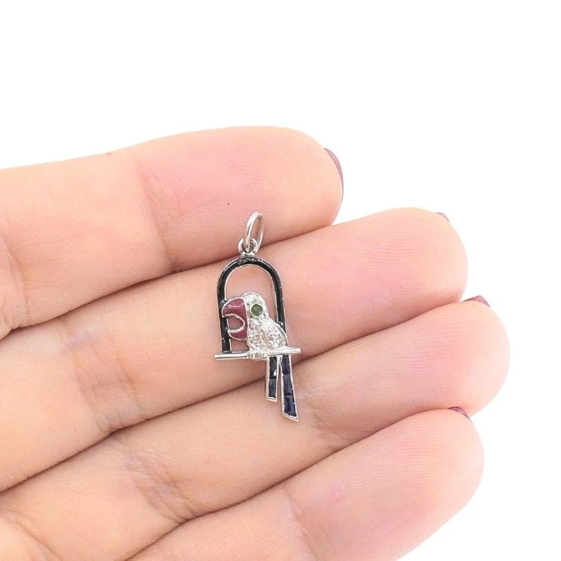 Antique Platinum Parrot Charm Gemstone Diamond Accents - 3