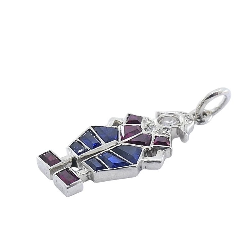 Antique Platinum Pierrot Charm Diamond & Calibré-Cut Gemstones - 4