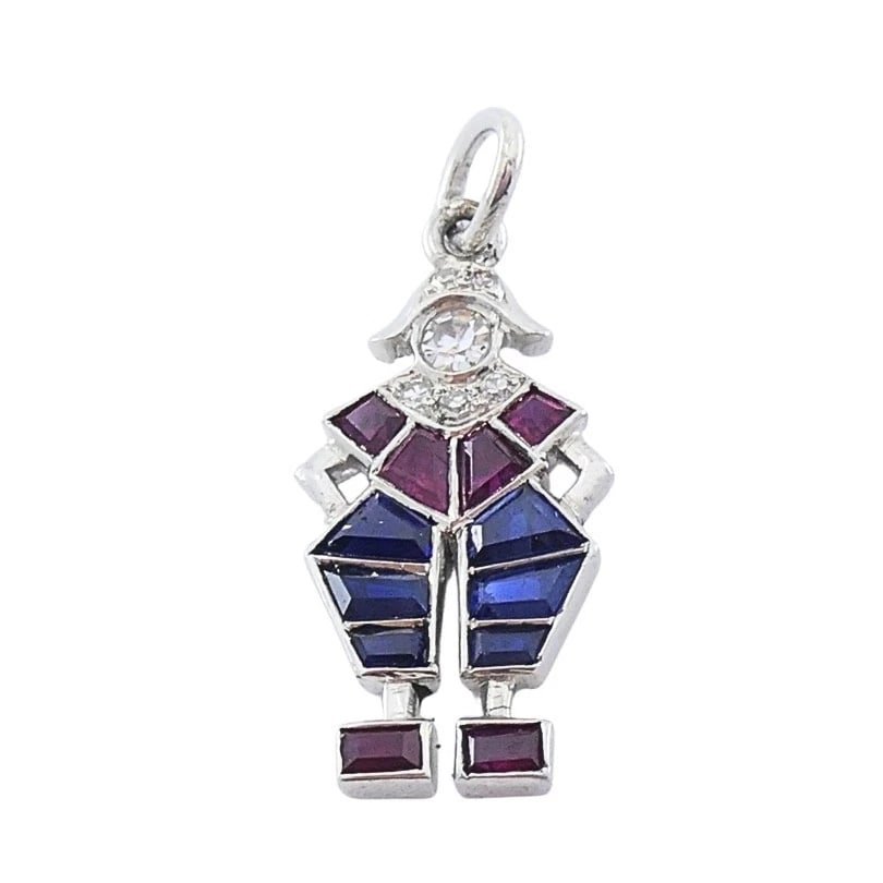 Antique Platinum Pierrot Charm Diamond & Calibré-Cut Gemstones - 7