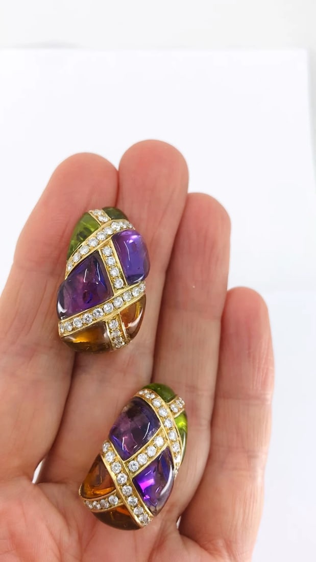 Bvlgari Vintage Bulgari Earrings Gold Diamond Gemstones Retractable Posts - 2