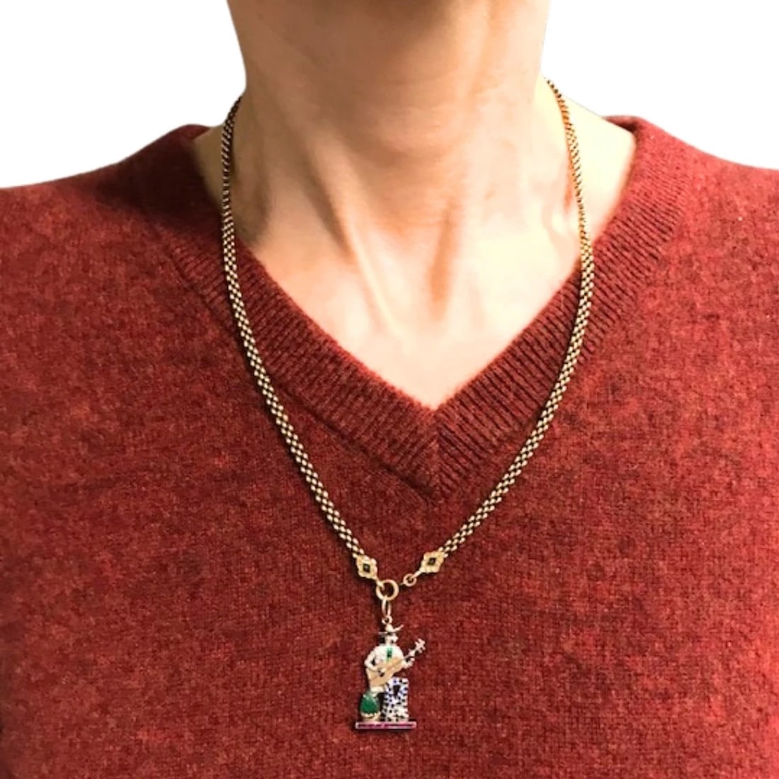 Antique 14k Gold Enamel Chain Necklace Platinum Pendant - 2