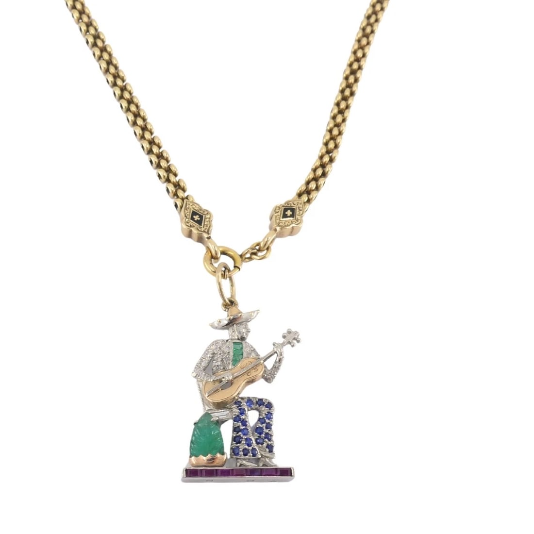 Antique 14k Gold Enamel Chain Necklace Platinum Pendant - 3